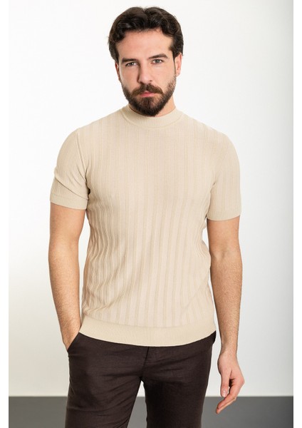 Çizgili Bej Slim Fit Yarım Balıkçı Yaka Erkek Triko T-Shirt