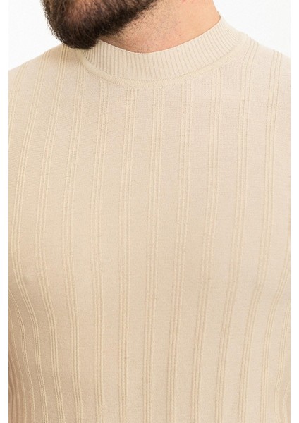 Çizgili Bej Slim Fit Yarım Balıkçı Yaka Erkek Triko T-Shirt fiyatları