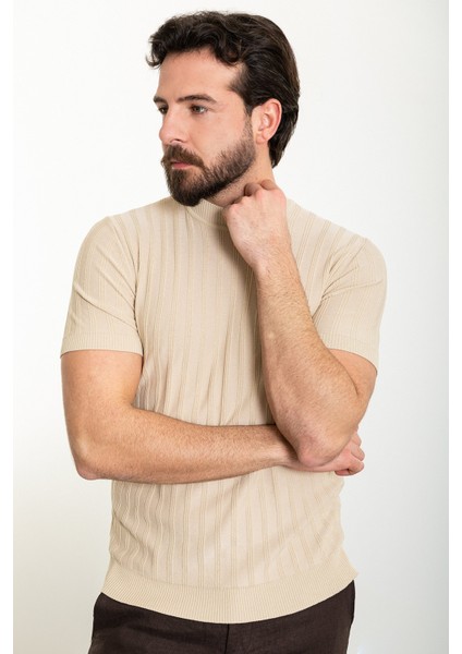 Çizgili Bej Slim Fit Yarım Balıkçı Yaka Erkek Triko T-Shirt modelleri