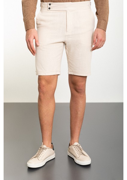 Düz Bej Super Slim Fit Kemerli Keten Erkek Şort