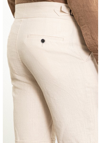 Düz Bej Super Slim Fit Kemerli Keten Erkek Şort