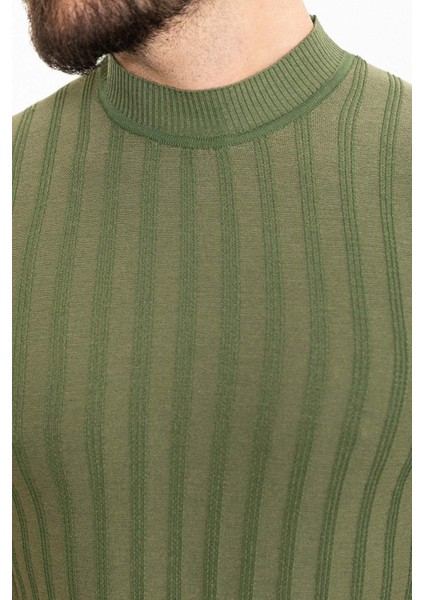 Çizgili Haki Slim Fit Yarım Balıkçı Yaka Erkek Triko T-Shirt fiyatları