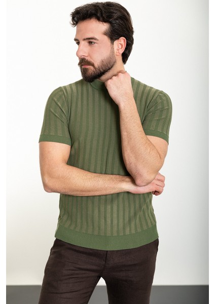 Çizgili Haki Slim Fit Yarım Balıkçı Yaka Erkek Triko T-Shirt modelleri