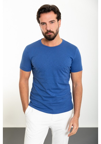Düz Saks Slim Fit Bisiklet Yaka Erkek T-Shirt