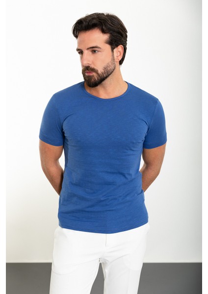 Düz Saks Slim Fit Bisiklet Yaka Erkek T-Shirt modelleri