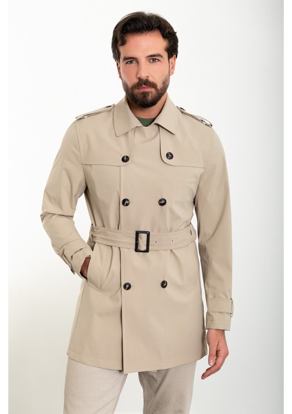 Düz Bej Slim Fit Kemerli Kruvaze Erkek Trenchcoat