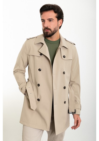 Düz Bej Slim Fit Kemerli Kruvaze Erkek Trenchcoat