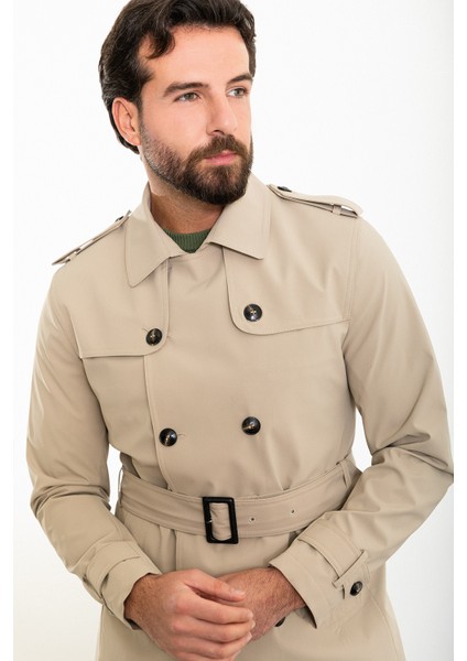 Düz Bej Slim Fit Kemerli Kruvaze Erkek Trenchcoat