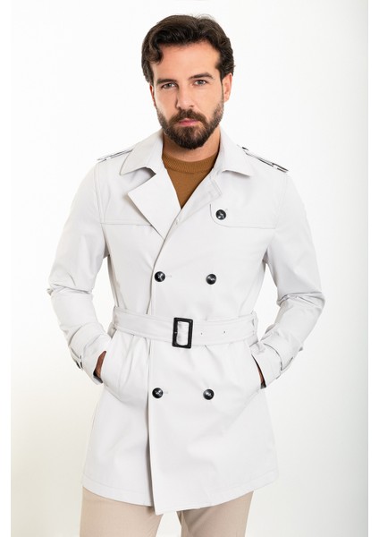 Düz Taş Slim Fit Kemerli Kruvaze Erkek Trenchcoat