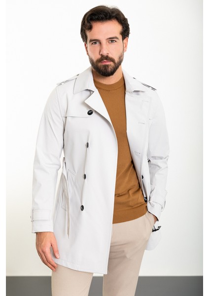 Düz Taş Slim Fit Kemerli Kruvaze Erkek Trenchcoat