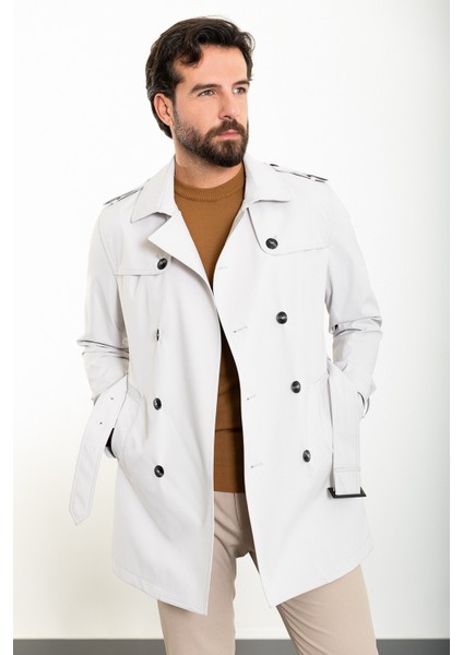 Düz Taş Slim Fit Kemerli Kruvaze Erkek Trenchcoat