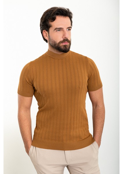 Çizgili Kamel Slim Fit Yarım Balıkçı Yaka Erkek Triko T-Shirt