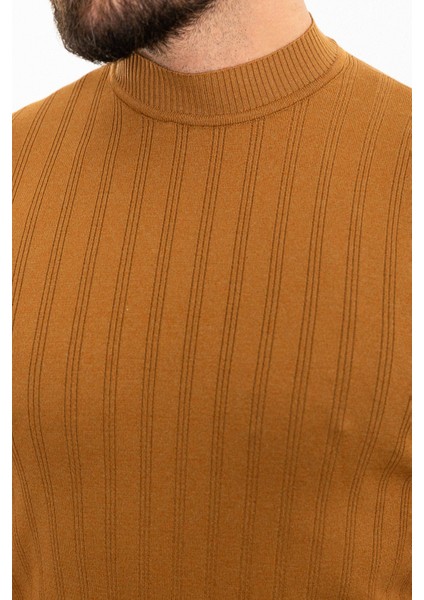 Çizgili Kamel Slim Fit Yarım Balıkçı Yaka Erkek Triko T-Shirt fiyatları