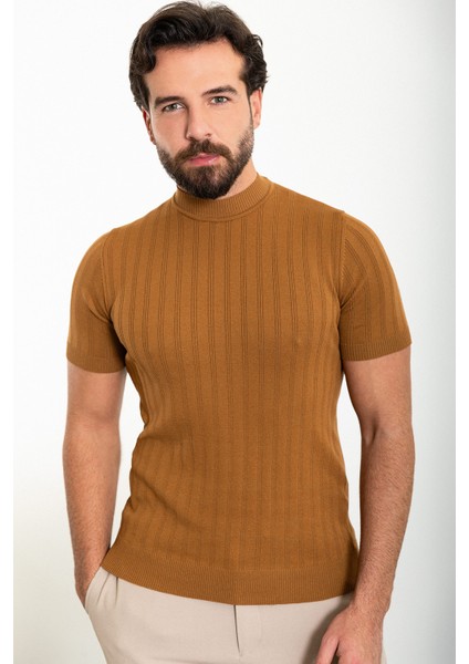 Çizgili Kamel Slim Fit Yarım Balıkçı Yaka Erkek Triko T-Shirt modelleri