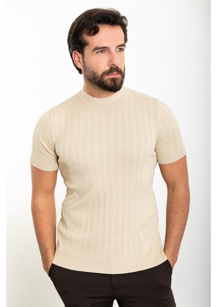 Çizgili Bej Slim Fit Yarım Balıkçı Yaka Erkek Triko T-Shirt