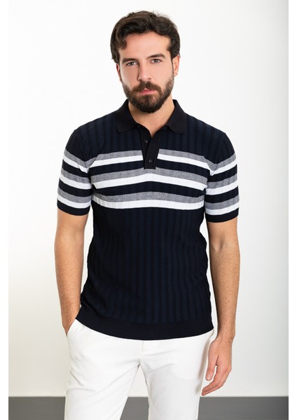 Çizgili Lacivert Slim Fit Polo Yaka Erkek Triko T-Shirt