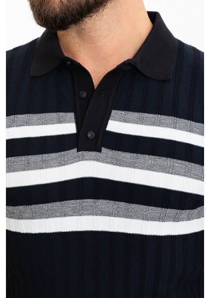 Çizgili Lacivert Slim Fit Polo Yaka Erkek Triko T-Shirt fiyatları