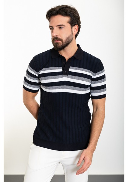 Çizgili Lacivert Slim Fit Polo Yaka Erkek Triko T-Shirt modelleri