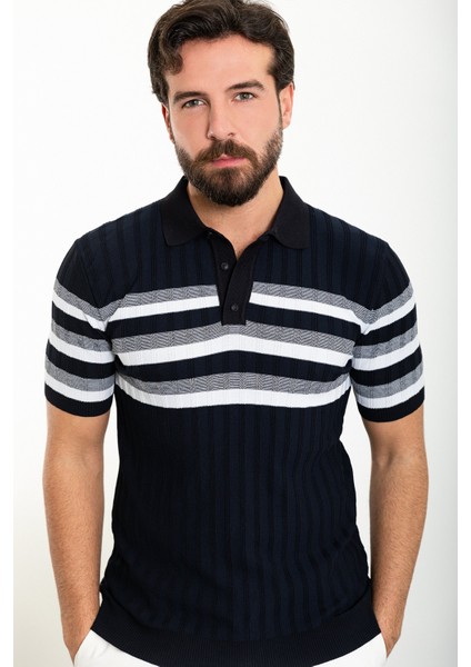 Çizgili Lacivert Slim Fit Polo Yaka Erkek Triko T-Shirt fırsatları