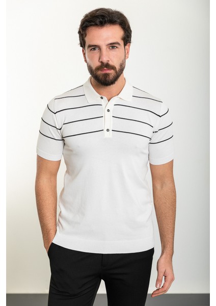 Çizgili Ekru Slim Fit Polo Yaka Erkek Triko T-Shirt