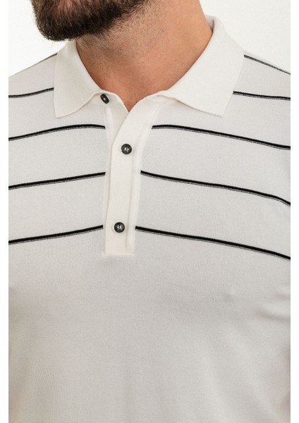 Çizgili Ekru Slim Fit Polo Yaka Erkek Triko T-Shirt fiyatları