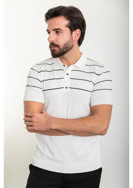 Çizgili Ekru Slim Fit Polo Yaka Erkek Triko T-Shirt modelleri