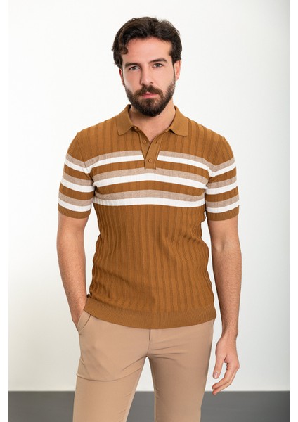Çizgili Kamel Slim Fit Polo Yaka Erkek Triko T-Shirt