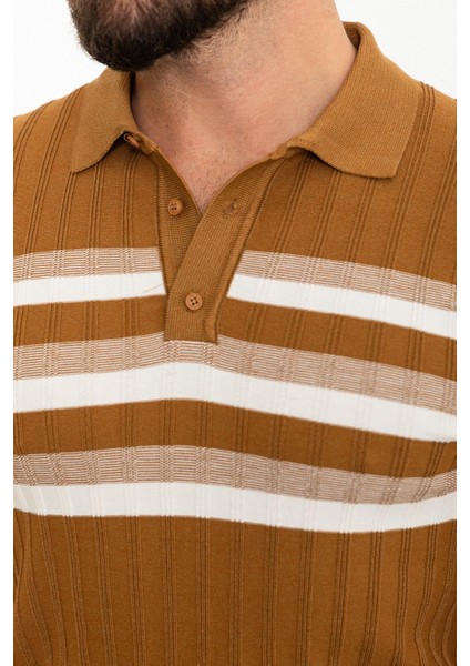 Çizgili Kamel Slim Fit Polo Yaka Erkek Triko T-Shirt fiyatları