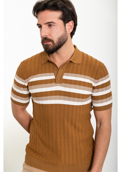 Çizgili Kamel Slim Fit Polo Yaka Erkek Triko T-Shirt modelleri