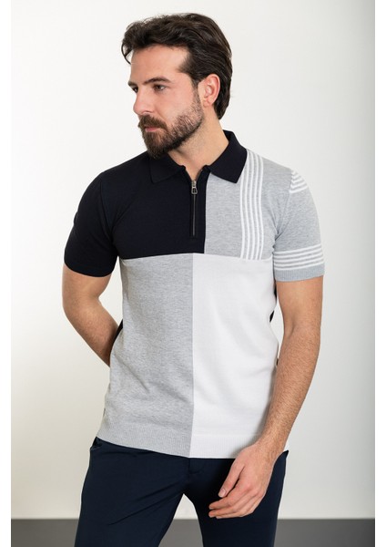 Parçalı Lacivert Slim Fit Polo Yaka Erkek Triko T-Shirt