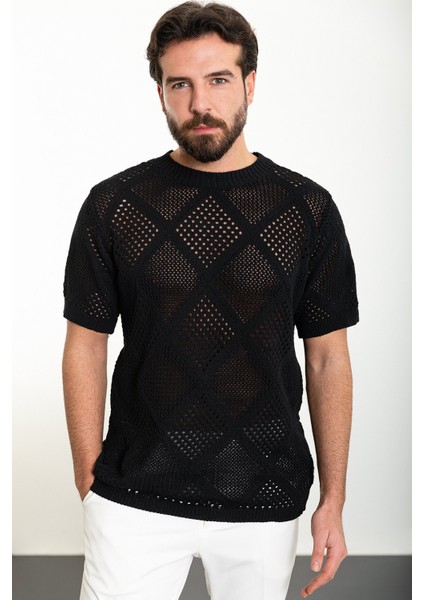 Desenli Siyah Oversize Bisiklet Yaka Erkek Triko T-Shirt