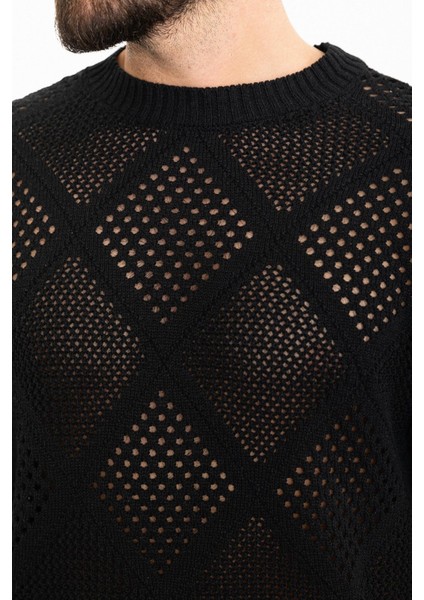 Desenli Siyah Oversize Bisiklet Yaka Erkek Triko T-Shirt fiyatları