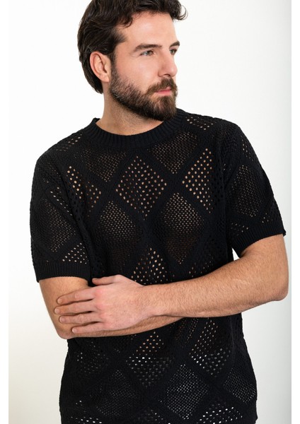 Desenli Siyah Oversize Bisiklet Yaka Erkek Triko T-Shirt modelleri