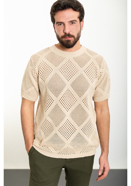 Desenli Bej Oversize Bisiklet Yaka Erkek Triko T-Shirt