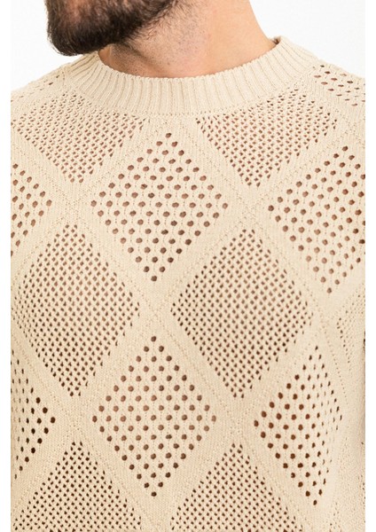 Desenli Bej Oversize Bisiklet Yaka Erkek Triko T-Shirt fiyatları