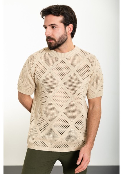 Desenli Bej Oversize Bisiklet Yaka Erkek Triko T-Shirt modelleri