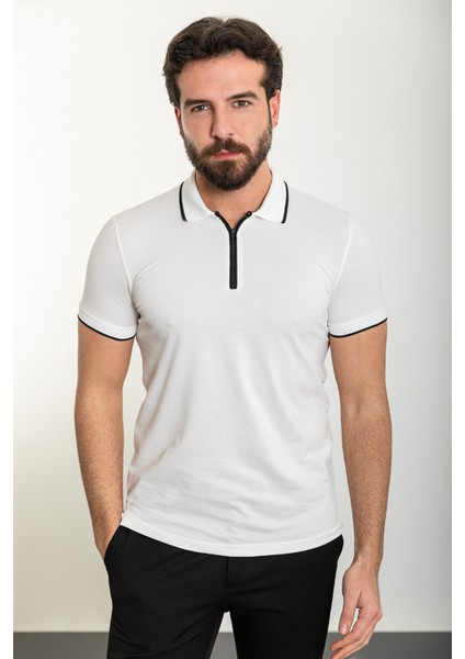 Düz Ekru Slim Fit Fermuarlı Polo Yaka Erkek T-Shirt