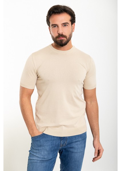 Düz Bej Slim Fit Bisiklet Yaka Erkek Triko T-Shirt