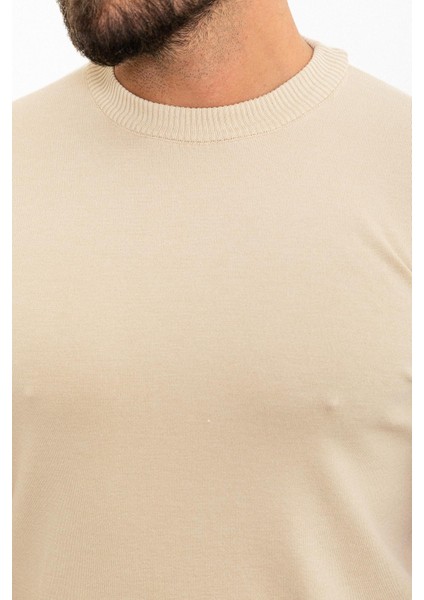 Düz Bej Slim Fit Bisiklet Yaka Erkek Triko T-Shirt fiyatları