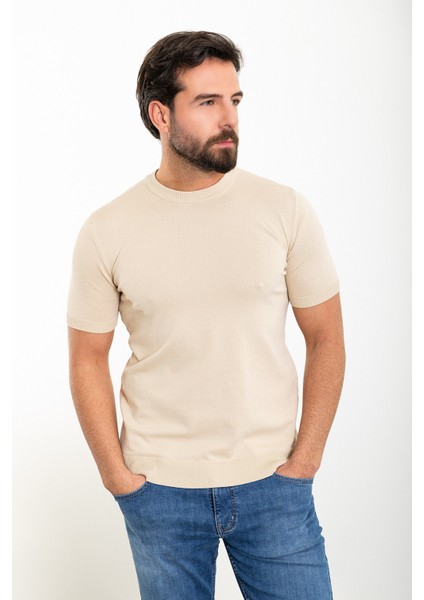 Düz Bej Slim Fit Bisiklet Yaka Erkek Triko T-Shirt modelleri