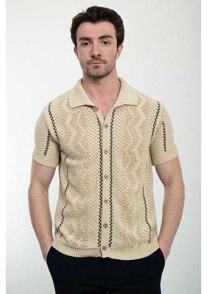 Desenli Bej Oversize Kısa Kollu Erkek Triko Gömlek
