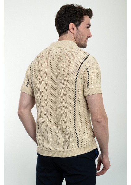 Desenli Bej Oversize Kısa Kollu Erkek Triko Gömlek modelleri