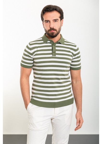 Yatay Çizgili Haki Slim Fit Polo Yaka Erkek Triko T-Shirt