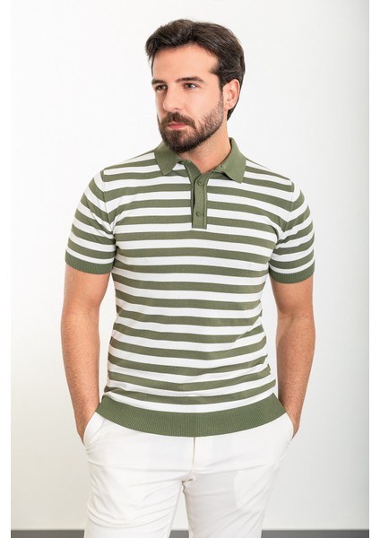 Yatay Çizgili Haki Slim Fit Polo Yaka Erkek Triko T-Shirt modelleri