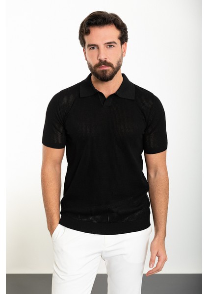 Desenli Siyah Slim Fit Polo Yaka Erkek Triko T-Shirt