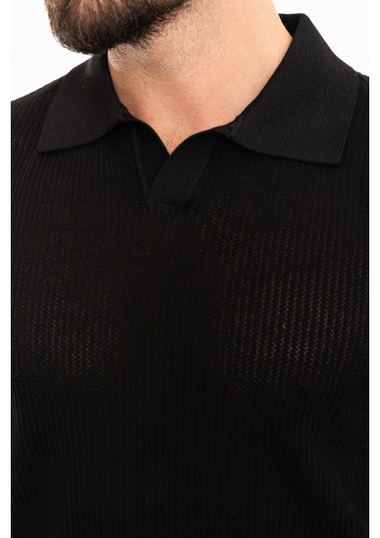 Desenli Siyah Slim Fit Polo Yaka Erkek Triko T-Shirt fiyatları