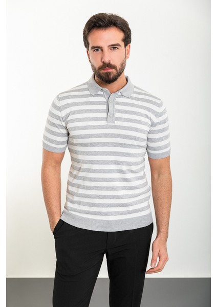 Yatay Çizgili Gri Slim Fit Polo Yaka Erkek Triko T-Shirt
