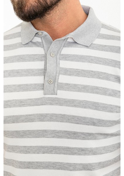 Yatay Çizgili Gri Slim Fit Polo Yaka Erkek Triko T-Shirt fiyatları