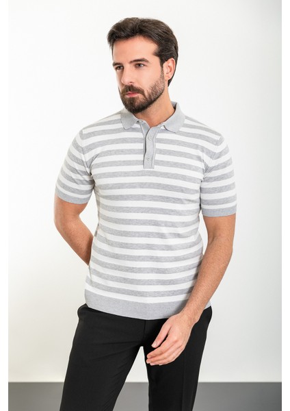 Yatay Çizgili Gri Slim Fit Polo Yaka Erkek Triko T-Shirt modelleri
