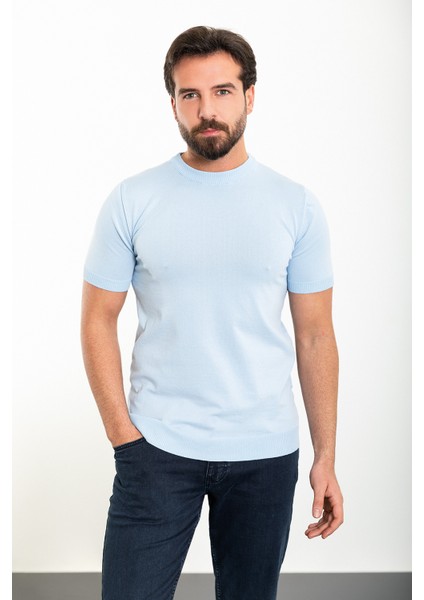 Düz Mavi Slim Fit Bisiklet Yaka Erkek Triko T-Shirt